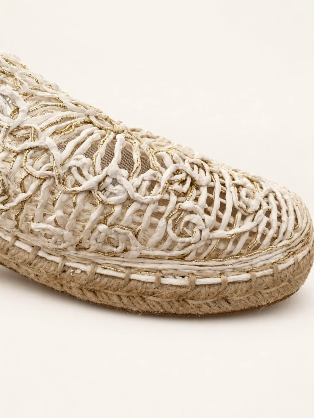 Atalina Ivory Crochet Floral Espadrille Mules Gold Metallic Slip-On Shoes 11M